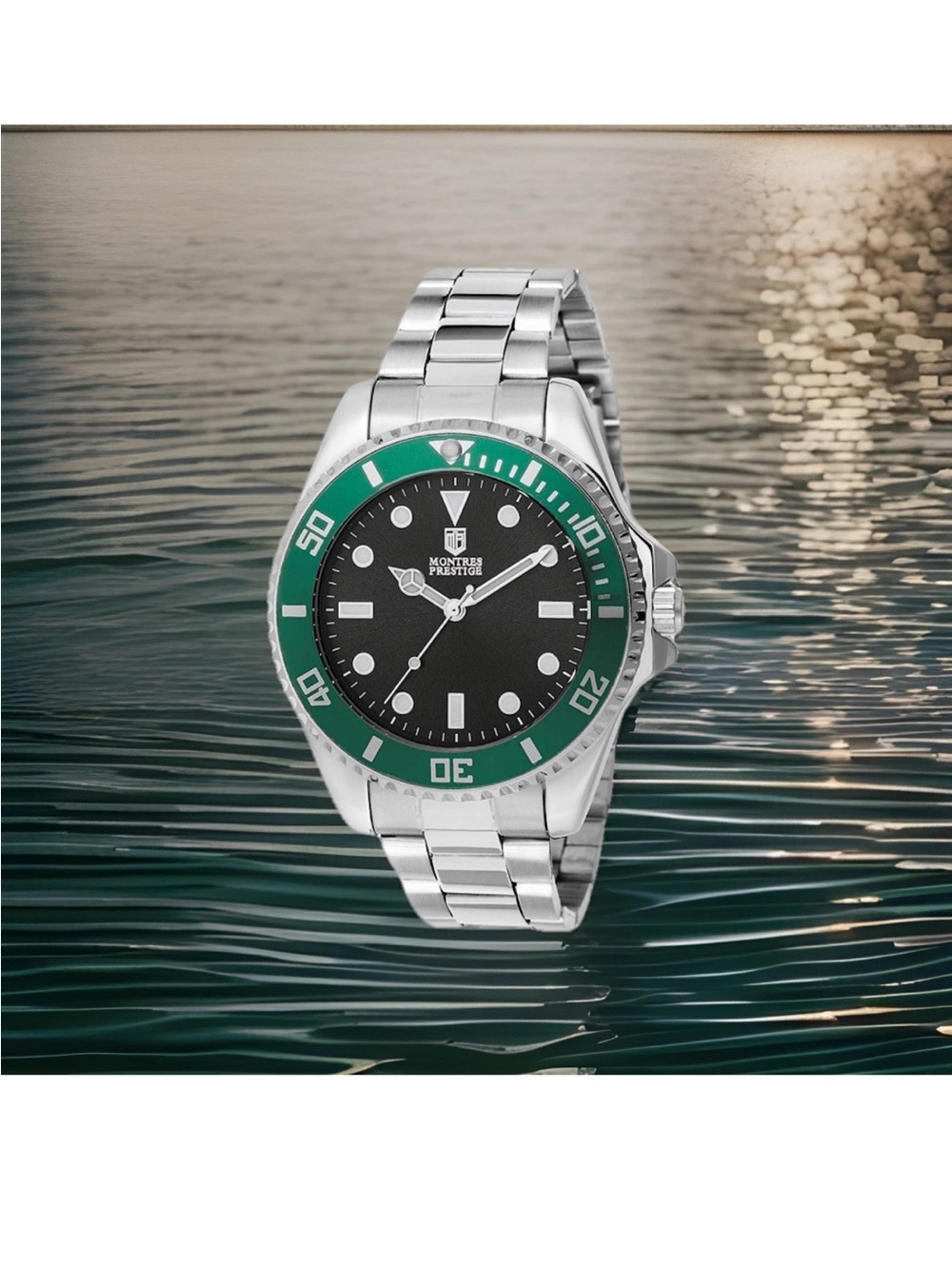 Montres Prestige Diver Style Watch with Green Bezel-Steel-Warranty
